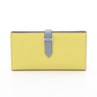 エルメス HERMES ベアンスフレ スフレ ブルーラン 二つ折り長財布 財布 ヴォーエプソン ヴォーエプソン □Q刻印(2013年製造) レディース イエロー系 / ブルー系 【中古】