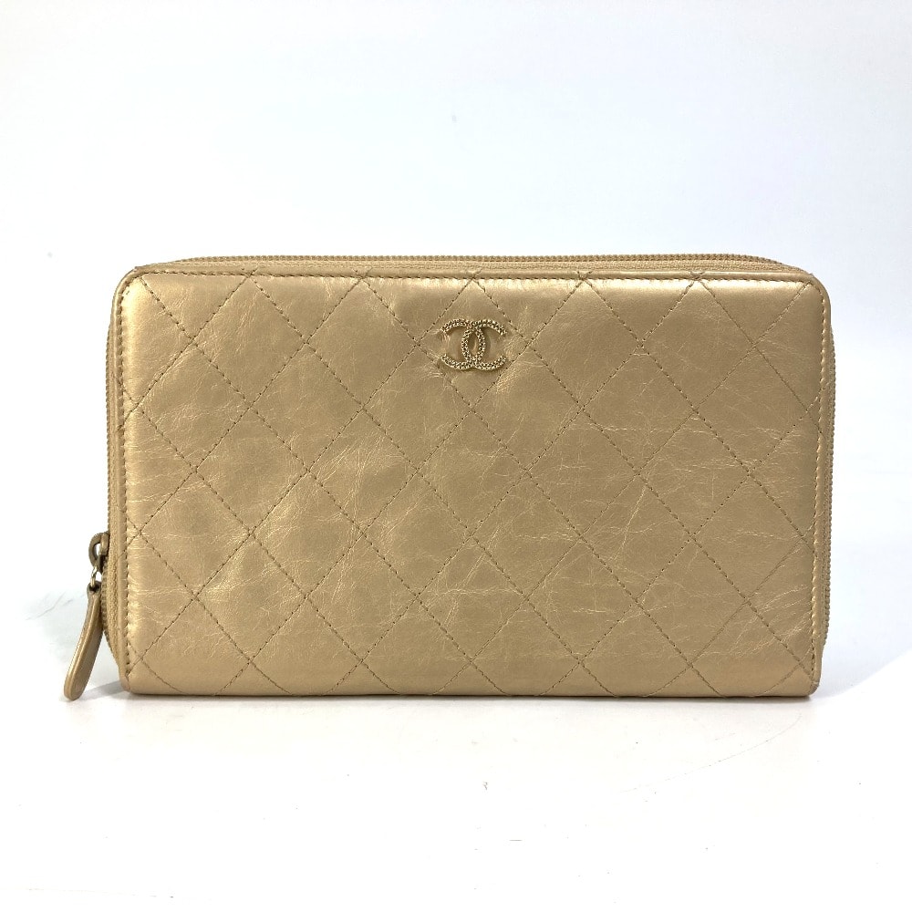 シャネル CHANEL マトラッセ キルティング ココマーク CC ラウンドファスナー 長財布 カーフスキン ゴールド