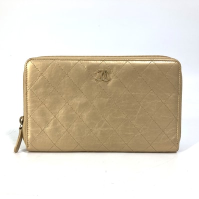 シャネル CHANEL マトラッセ キルティング ココマーク CC ラウンドファスナー 長財布 カーフスキン ゴールド