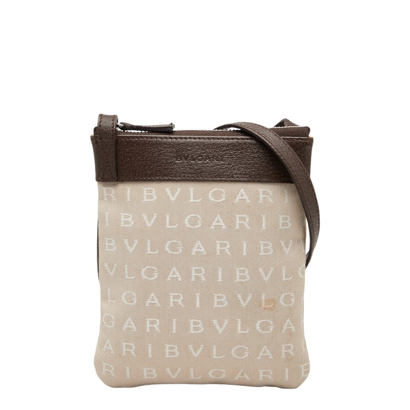 ブルガリ ロゴマニア ポシェット ショルダーバッグ ベージュ ブラウン キャンバス レザー レディース BVLGARI 【中古】