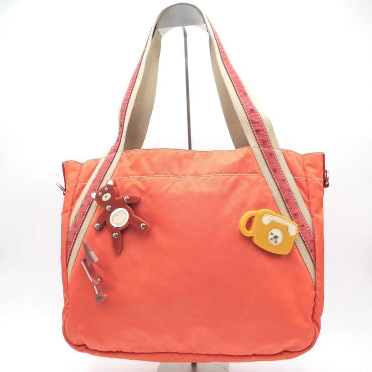 PRADA(プラダ)スート ベア マルチチャーム トートバッグ オレンジ ナイロン レザー シルバー金具 レディース【中古】