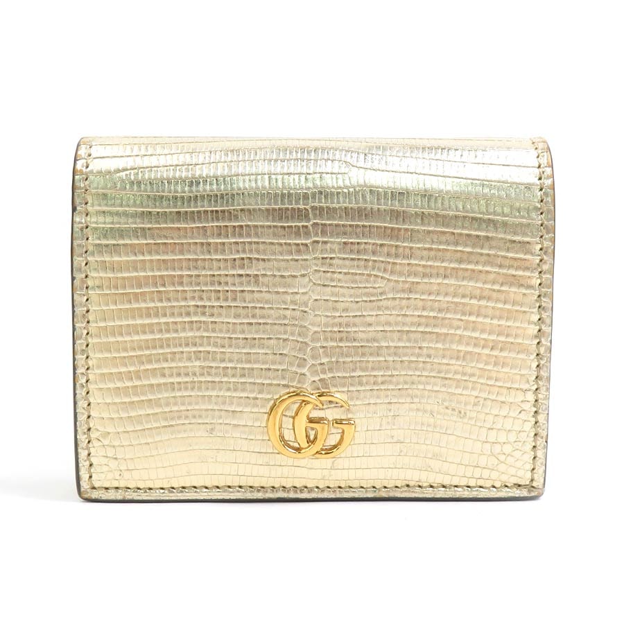 グッチ GUCCI 二つ折り財布 GGマーモント 型押しレザー ゴールド ゴールド レディース 456126【中古】 e62245j