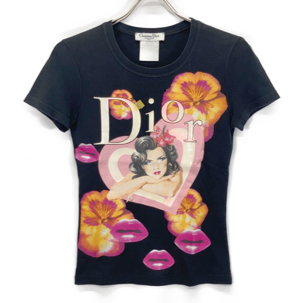 クリスチャンディオール 5P16155201 ブラック花柄 ロゴ ウーマンデザイン 半袖Tシャツ 36