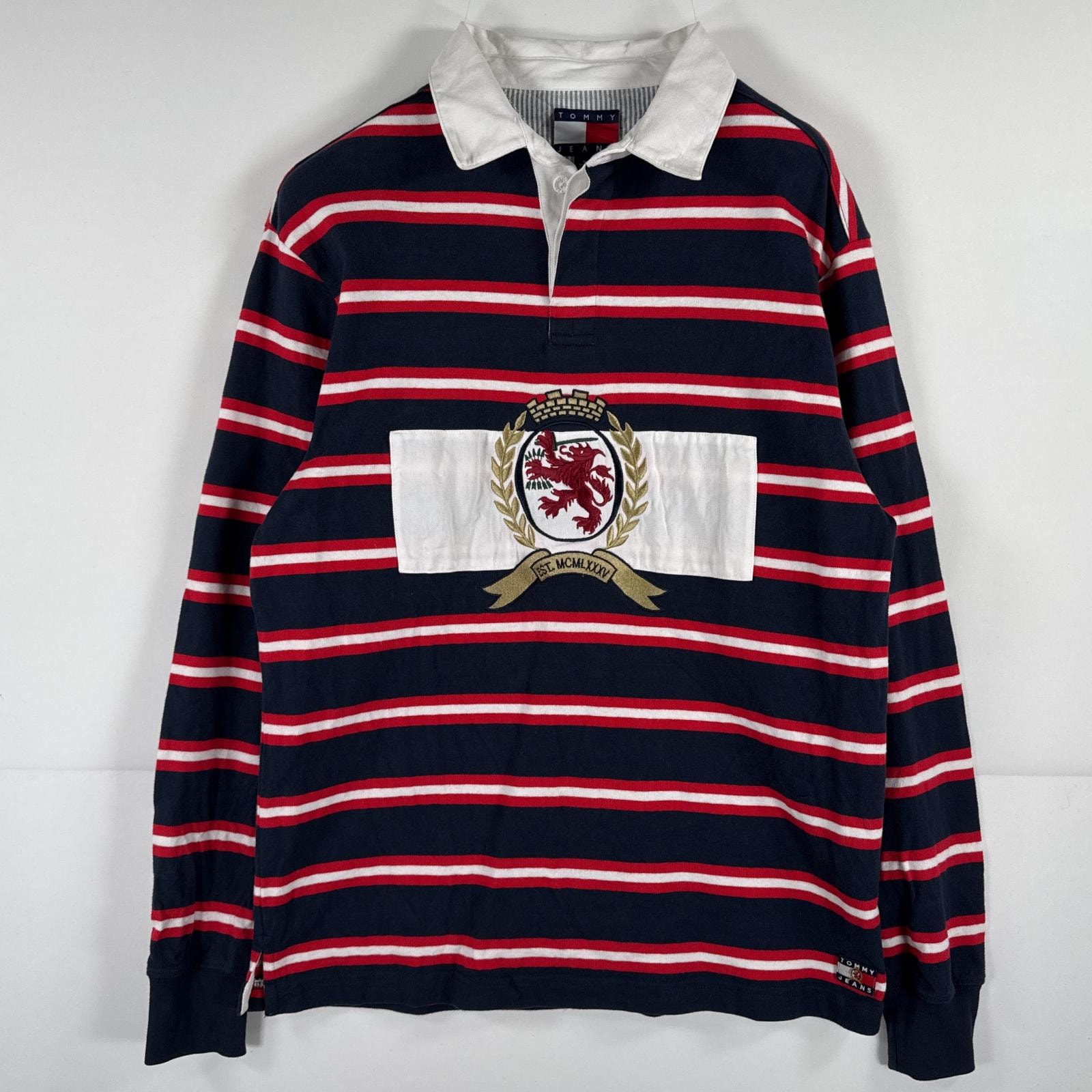 古着 トミーヒルフィガー TOMMY HILFIGER 長袖シャツ ラガーシャツ ビッグロゴ 刺繍 トミージーンズ M  ネイビー ボーダー メンズ