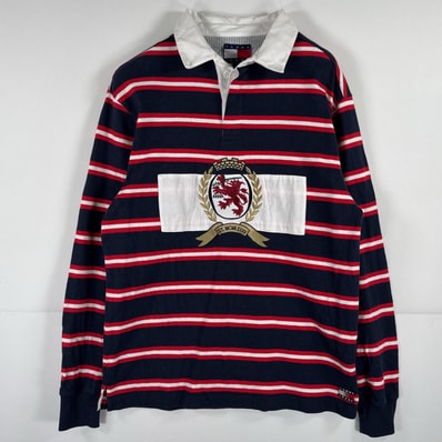 古着 トミーヒルフィガー TOMMY HILFIGER 長袖シャツ ラガーシャツ ビッグロゴ 刺繍 トミージーンズ M ネイビー ボーダー メンズ