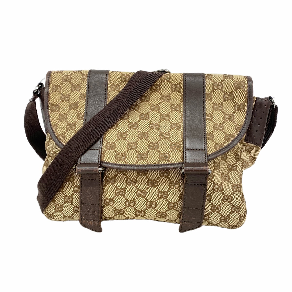 【6hc2255-k】グッチ ショルダーバッグ GGキャンバス 145859 キャンバス ブラウン シルバー金具【中古】レディース