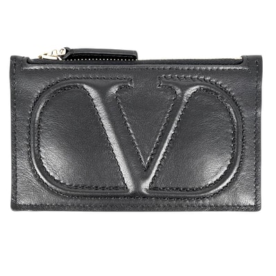 Valentino Garavani ヴァレンティノ・ガラヴァーニ カードケース ロゴ コインケース カードケース レザー ブラック 黒 ゴールド金具 レディース 美品【中古品】