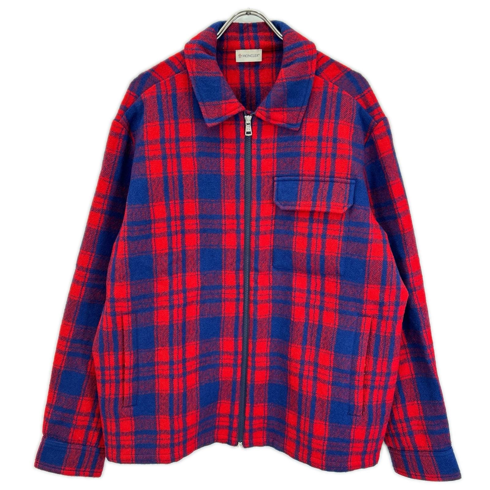 モンクレール 23AW CAMICIA レッド×ブルー ラムウール ロゴワッペン W-ZIP チェックシャツジャケット XL