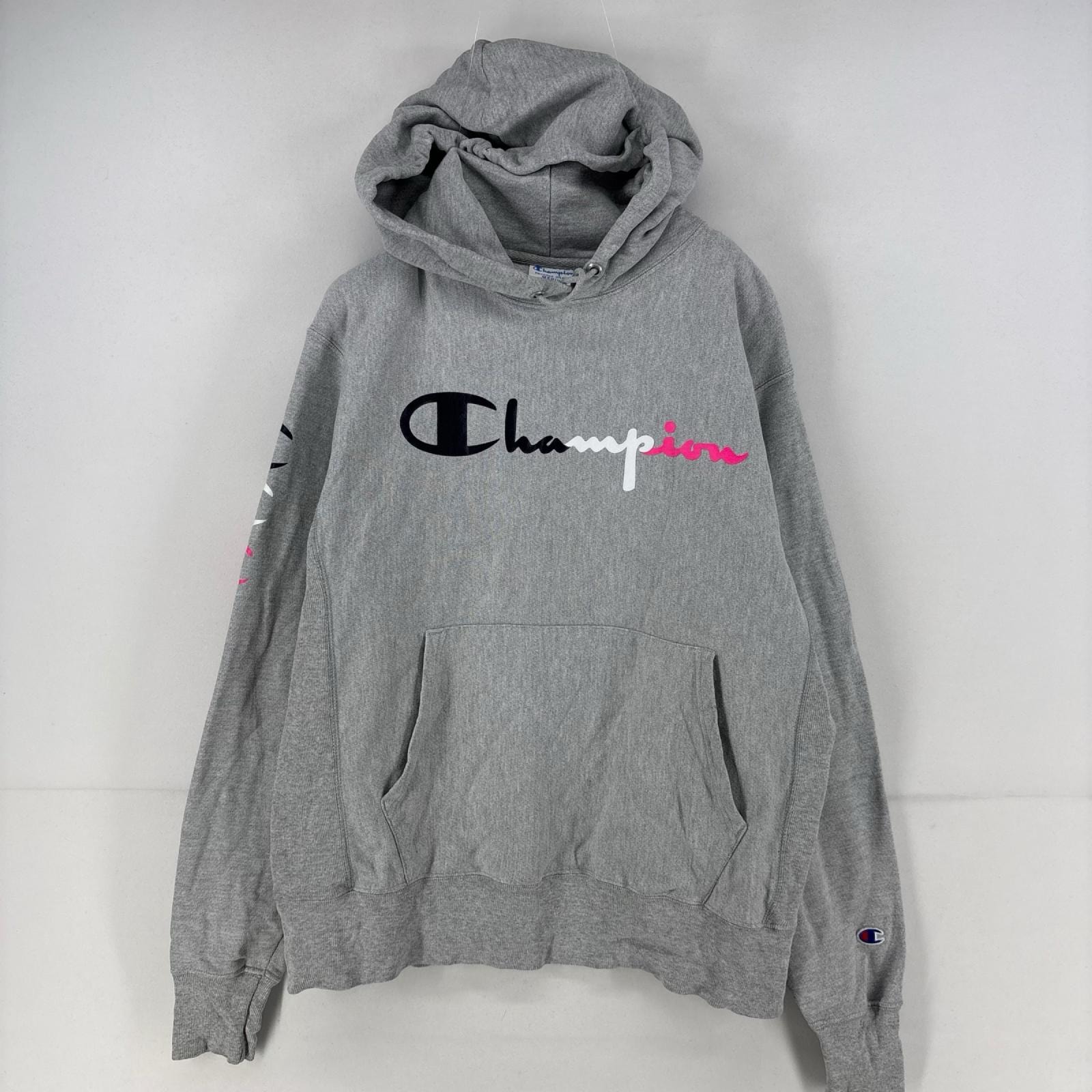 古着 チャンピオン Champion パーカー 袖ロゴ プリント リバースウィーブ 刺繍 スウェット M  グレー メンズ