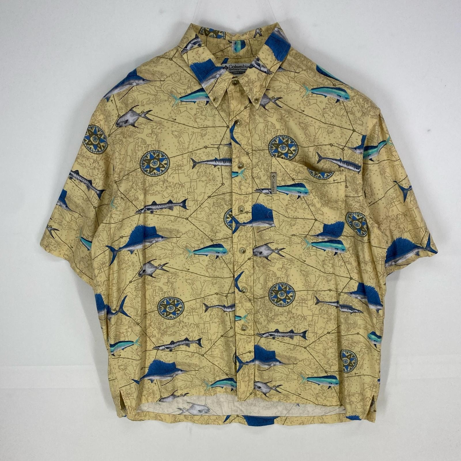 古着 コロンビア Columbia 半袖シャツ アロハシャツ アウトドア 魚 ショートスリーブ M  ベージュ系 総柄 メンズ