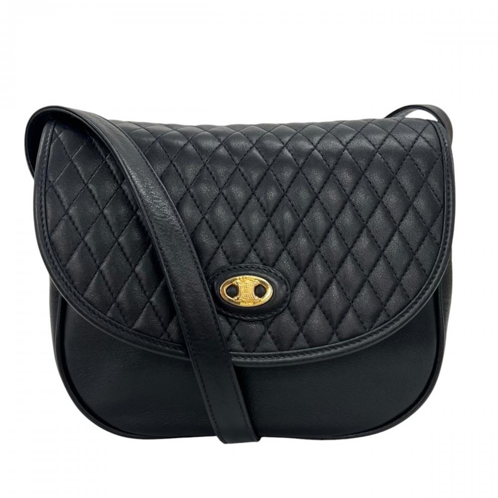CELINE セリーヌ ショルダーバッグ キルティング トリオンフ 斜め掛け レザー ブラック 黒 ゴールド金具 レディース【中古品】