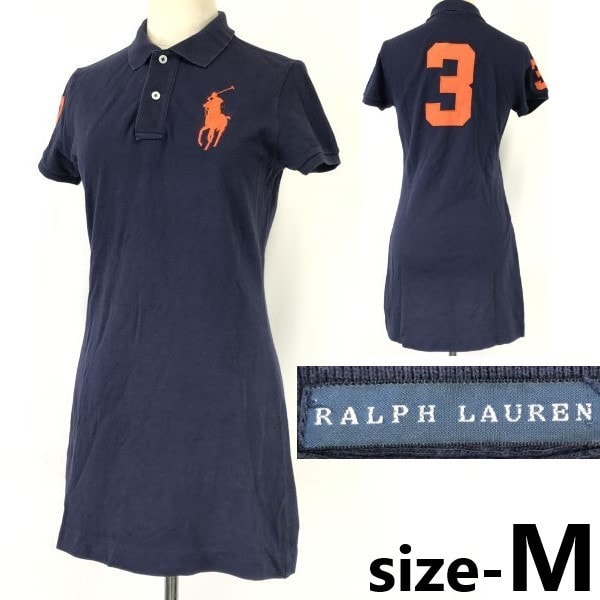 RALPH LAUREN★半袖ポロシャツ型/ワンピース【レディースM/ミニ丈/紺/navy】ビッグポニー/ラルフローレン/背番号3刺繍◆cpBH736