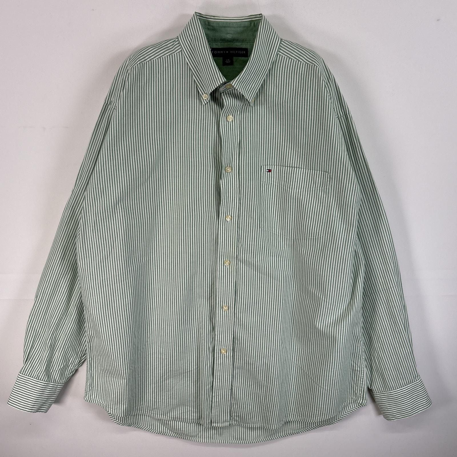 古着 トミーヒルフィガー TOMMY HILFIGER 長袖シャツ ロゴ 刺繍 胸ポケ ボタンダウン L  グリーン系 ストライプ メンズ