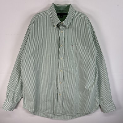 古着 トミーヒルフィガー TOMMY HILFIGER 長袖シャツ ロゴ 刺繍 胸ポケ ボタンダウン L グリーン系 ストライプ メンズ