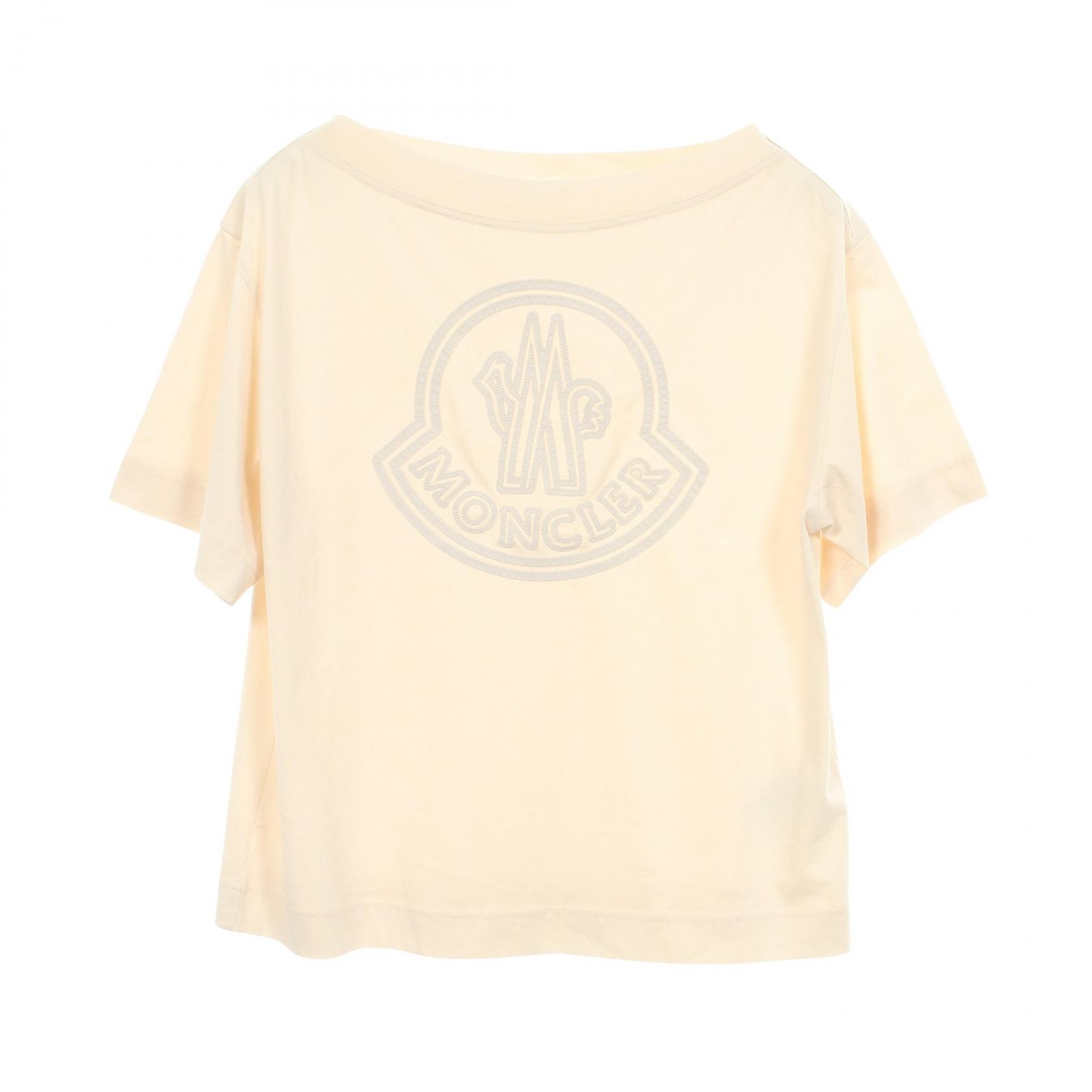 モンクレール MONCLER ロゴ ボートネック 半袖Tシャツ 衣料品 トップス コットン メンズ アイボリー系 8C00032 【中古】
