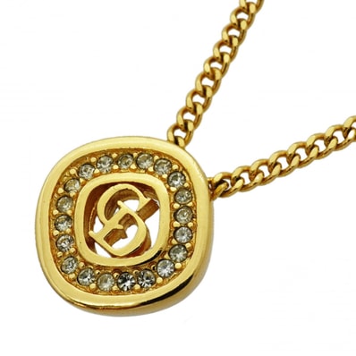 ★SALE【6jcb0624-k】クリスチャンディオール ネックレス CDロゴ GPメッキ ラインストーン ゴールド【中古】レディース