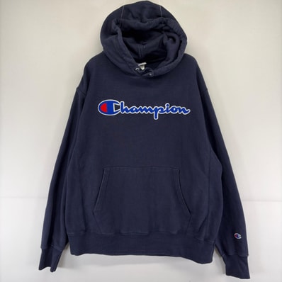 古着 チャンピオン Champion パーカー ワッペン リバースウィーブ ロゴ スウェット L ネイビー メンズ