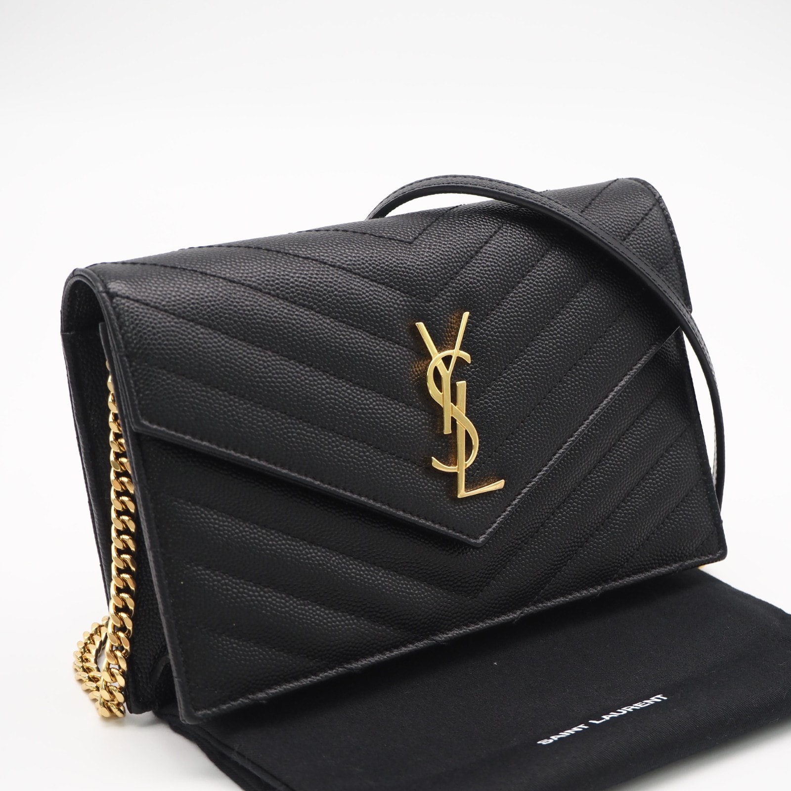 美品 SAINT LAURENT サンローラン グレインカーフ カサンドラ チェーンウォレット 393953 ショルダーバッグ ブラック グレインカーフレザー レディース