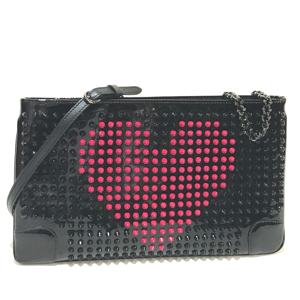 クリスチャンルブタン Christian Louboutin ルビポッシュ バレンタイン スパイク タッズ 2WAY クラッチバッグ パテントレザー ブラック 新品同様