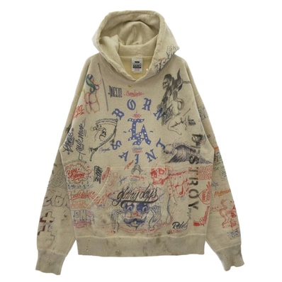 SAINT MICHAEL セントマイケル スウェット 24SS SM-YS8-0000-C11 × BONE X RAISED ボーンレイズド LA Hoodie SAINT Mxxxxxx ダメージ加工 ライトストーン 総柄 プルオーバー【中古】