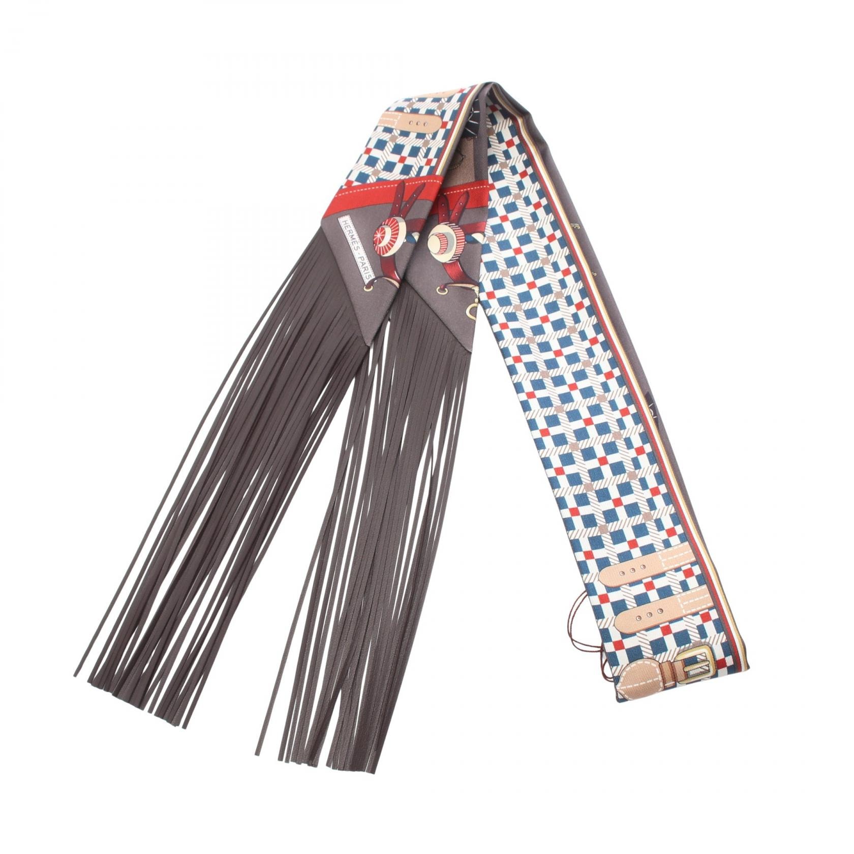 エルメス HERMES ツイリーフリンジ Les Voitures Nouvelles リボン スカーフ 衣料品 シルク レザー シルク レディース ブラウン系 / ネイビー系 / マルチカラー 【中古】