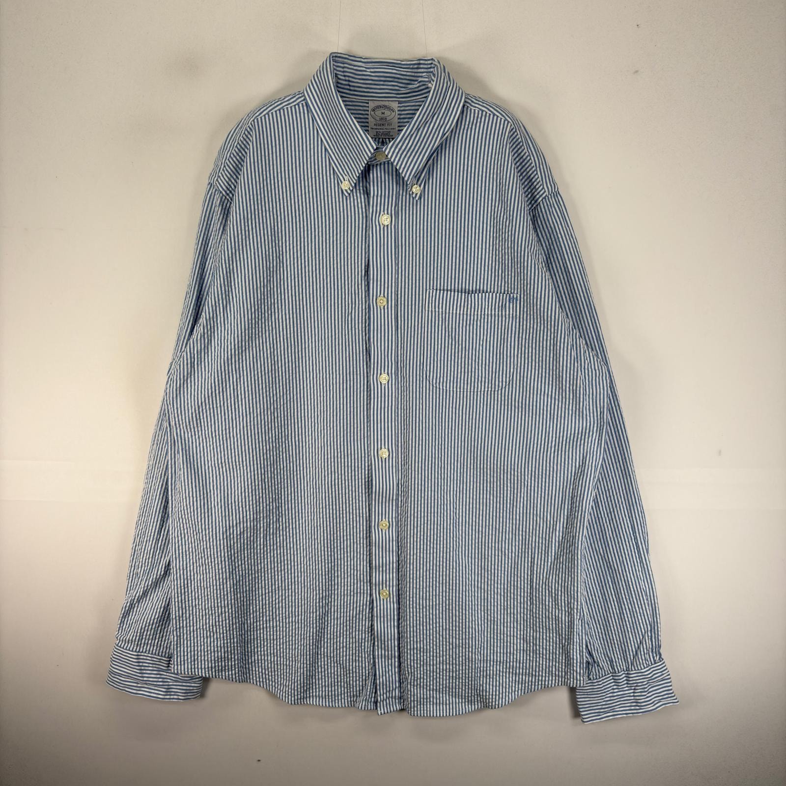 古着 ブルックスブラザーズ Brooks Brothers シアサッカー 長袖シャツ 胸ポケット ボタンダウン M  ブルー系 ストライプ メンズ