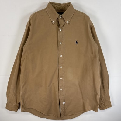 古着 90's/90年代 ラルフローレン RALPH LAUREN 長袖シャツ ワンポイント ロゴ 刺繍 ボタンダウンシャツ 厚手 M ブラウン系 無地 メンズ