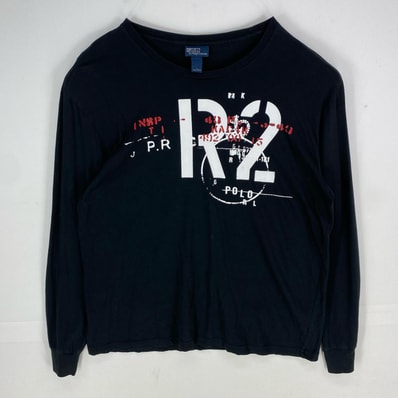 古着 ポロバイラルフローレン Polo by Ralph Lauren 長袖Tシャツ クルーネック ビッグプリント L ブラック系 プリント メンズ