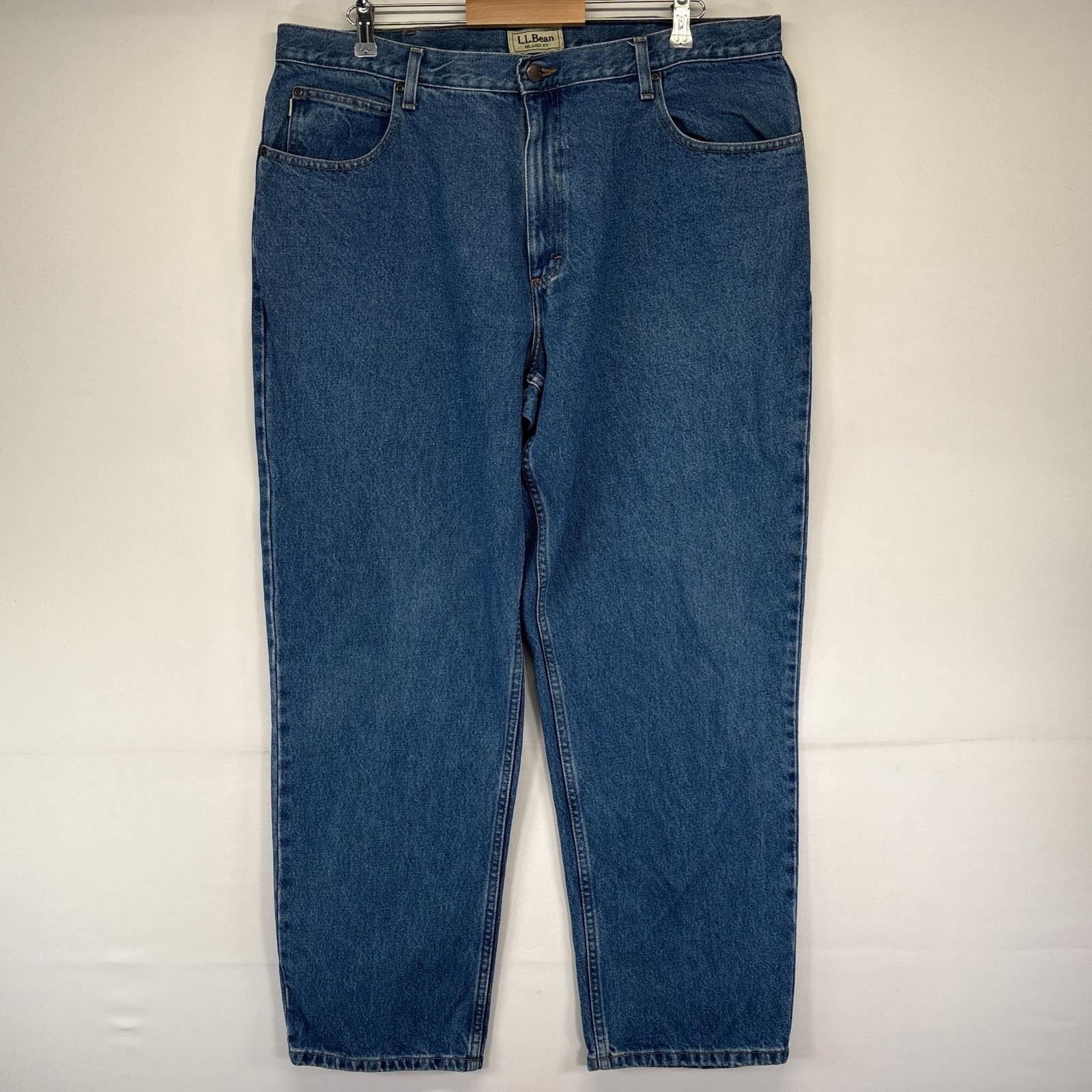 古着 エルエルビーン L.L.Bean デニム パンツ Gパン 5ポケット レザーパッチ テーパード 大きいサイズ W40×L32  ブルー系 メンズ
