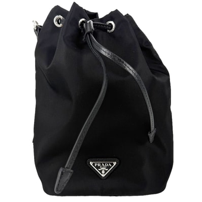 PRADA プラダ ポーチ Re-Nylon 巾着 ドローストリング 1NS369 ナイロン ブラック 黒 シルバー金具 レディース 美品【中古品】