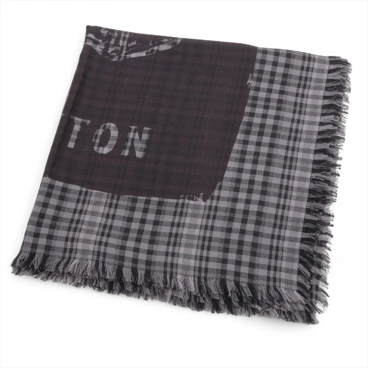 ■極美品 ルイヴィトン シルク 混 大判 チェック柄 フリンジ スカーフ