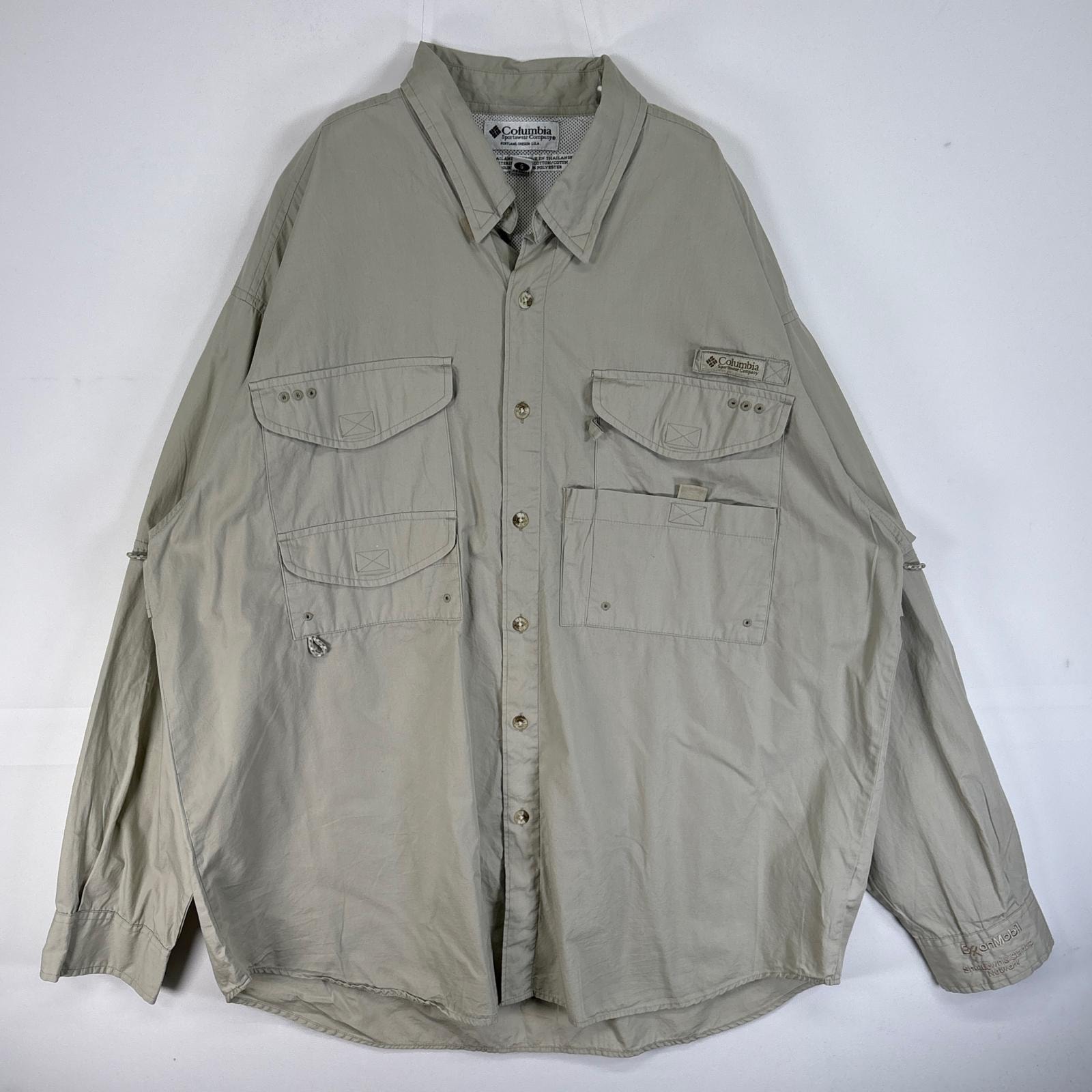 古着 コロンビア Columbia 長袖シャツ PFG フィッシングギア ワンポイント ロゴ フラップポケ L ベージュ 無地 メンズ