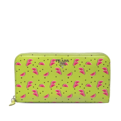 プラダ スマート スイカ プリント ラウンドファスナー 長財布 グリーン ピッグ サフィアーノレザー レディース PRADA 【中古】