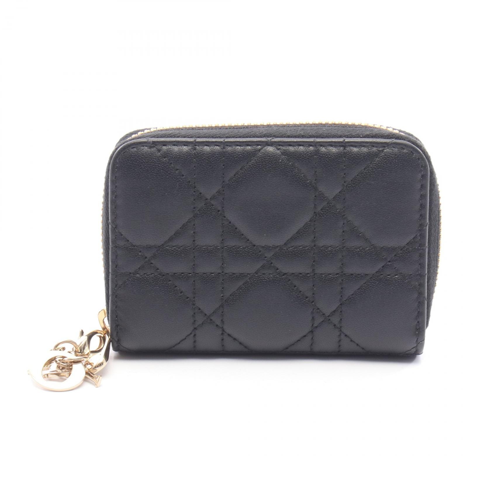 ディオール Dior LADY DIOR VOYAGEUR レディディオール ボイジャー カナージュ スモールジップ コインケース 財布 レザー レディース ブラック系 【中古】
