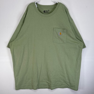 古着 カーハート Carhartt 半袖Tシャツ 肉厚 大きいサイズ ワンポイント ロゴ 胸ポケ 2XL グリーン系 無地 メンズ