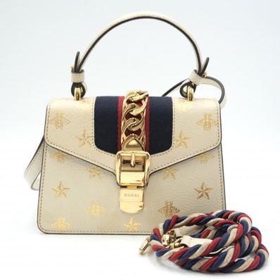 GUCCI(グッチ)シルヴィ ミニバッグ 2WAY ハンドバッグ ショルダーバッグ ビー スター ホワイト レザー ゴールド金具 型番470270【中古】