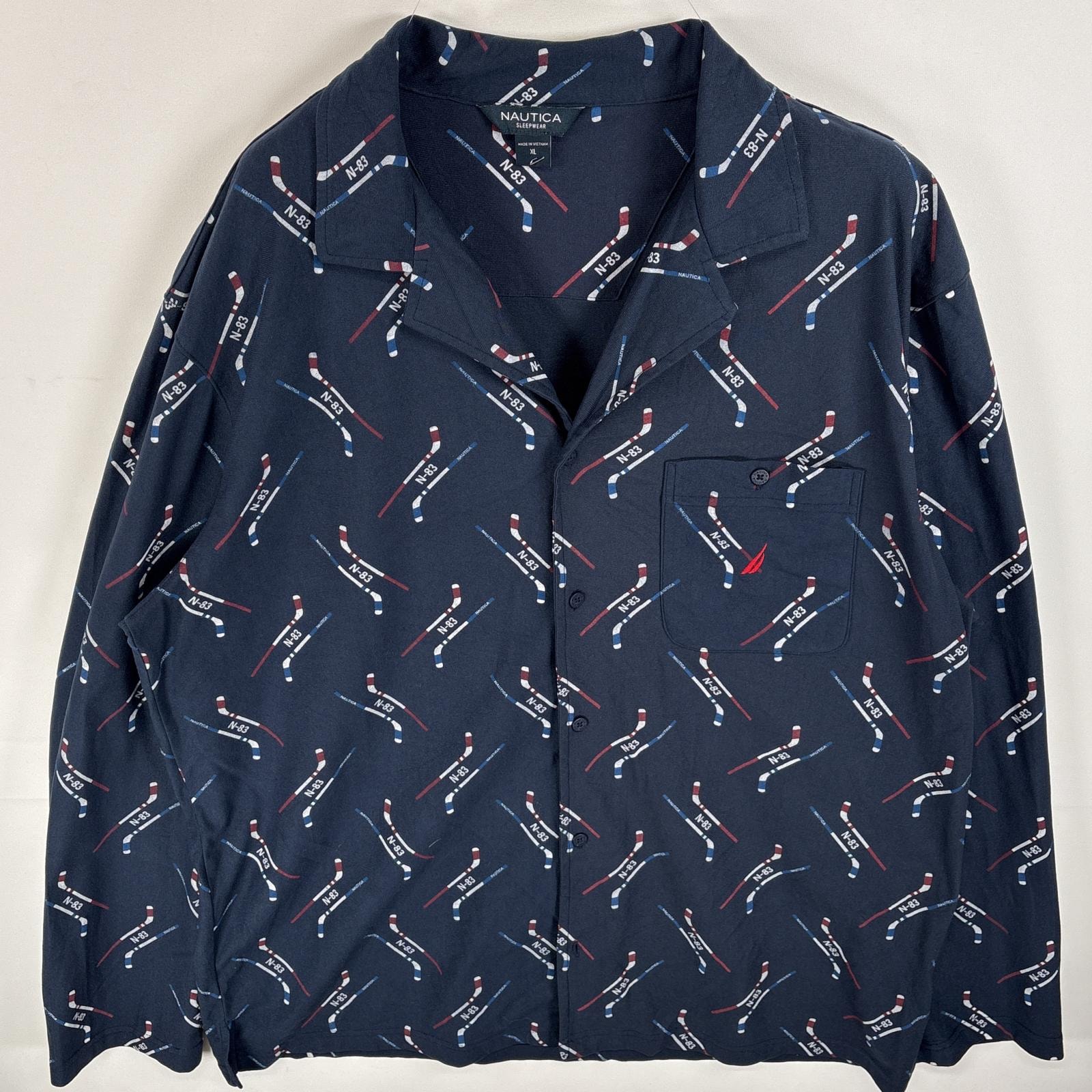古着 ノーティカ NAUTICA 長袖シャツ パジャマシャツ オープンカラー 胸ポケ XL  ネイビー系 総柄 メンズ