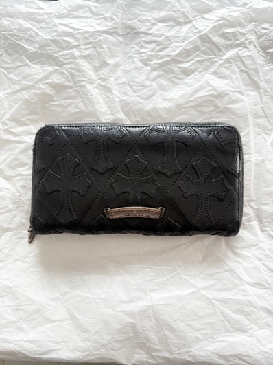 Chrome Hearts REC F Zip Cemetery Cross Quilted Destroy Leather Wallet "Black"