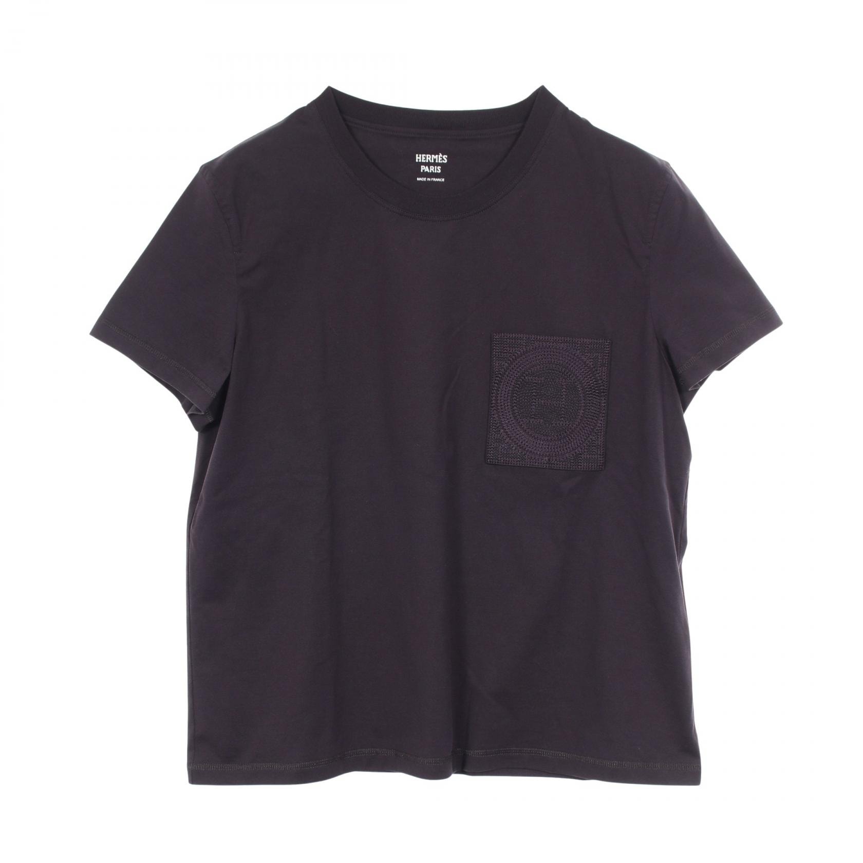 エルメス HERMES モザイク刺繍パッチポケット 半袖Tシャツ 衣料品 トップス コットン レディース ブラック系 4H4615DA 【中古】