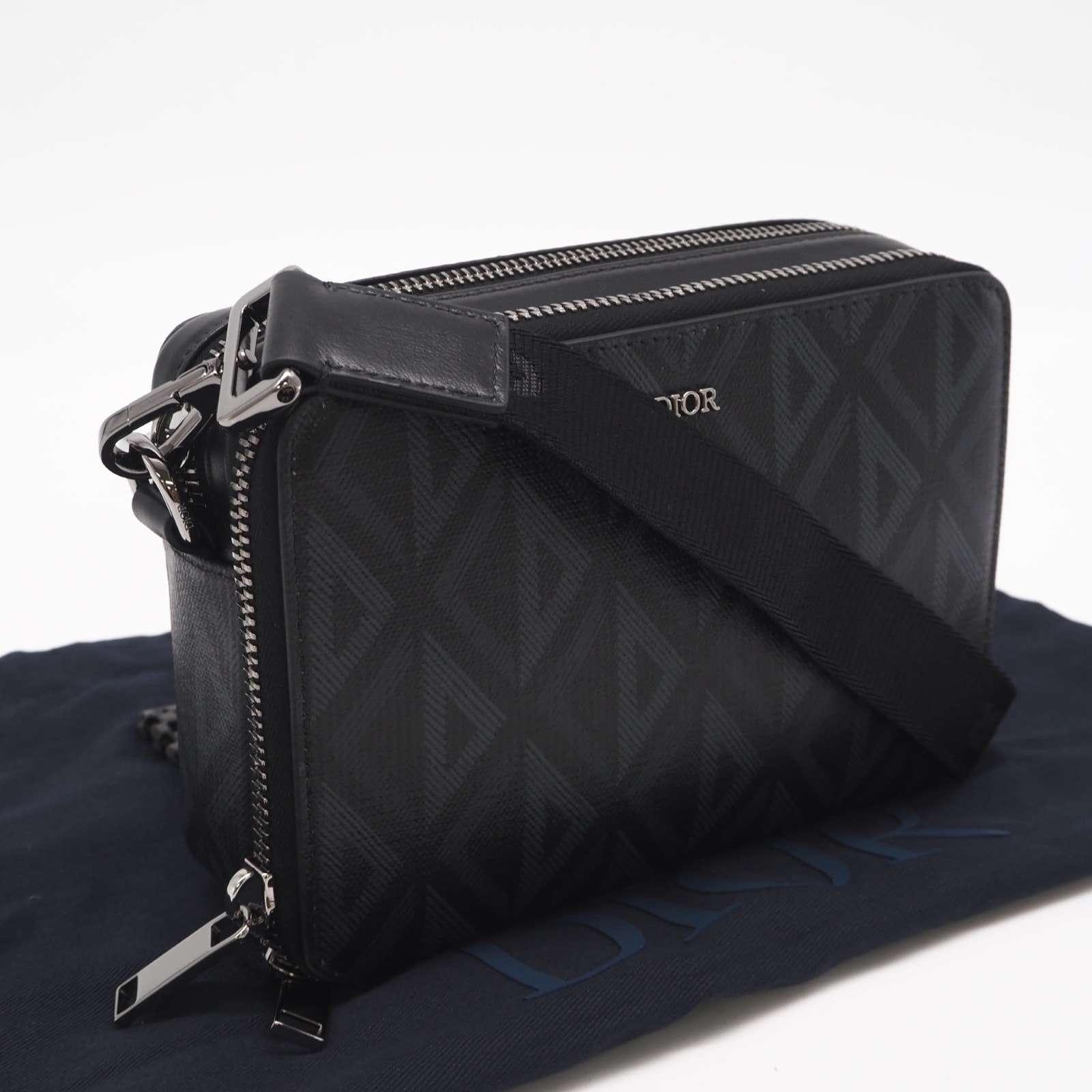 未使用 Dior ディオール CDダイヤモンド メッセンジャー ポーチ 2ESBC119 ショルダーバッグ ブラック グレー コーティングキャンバス レザー レディース