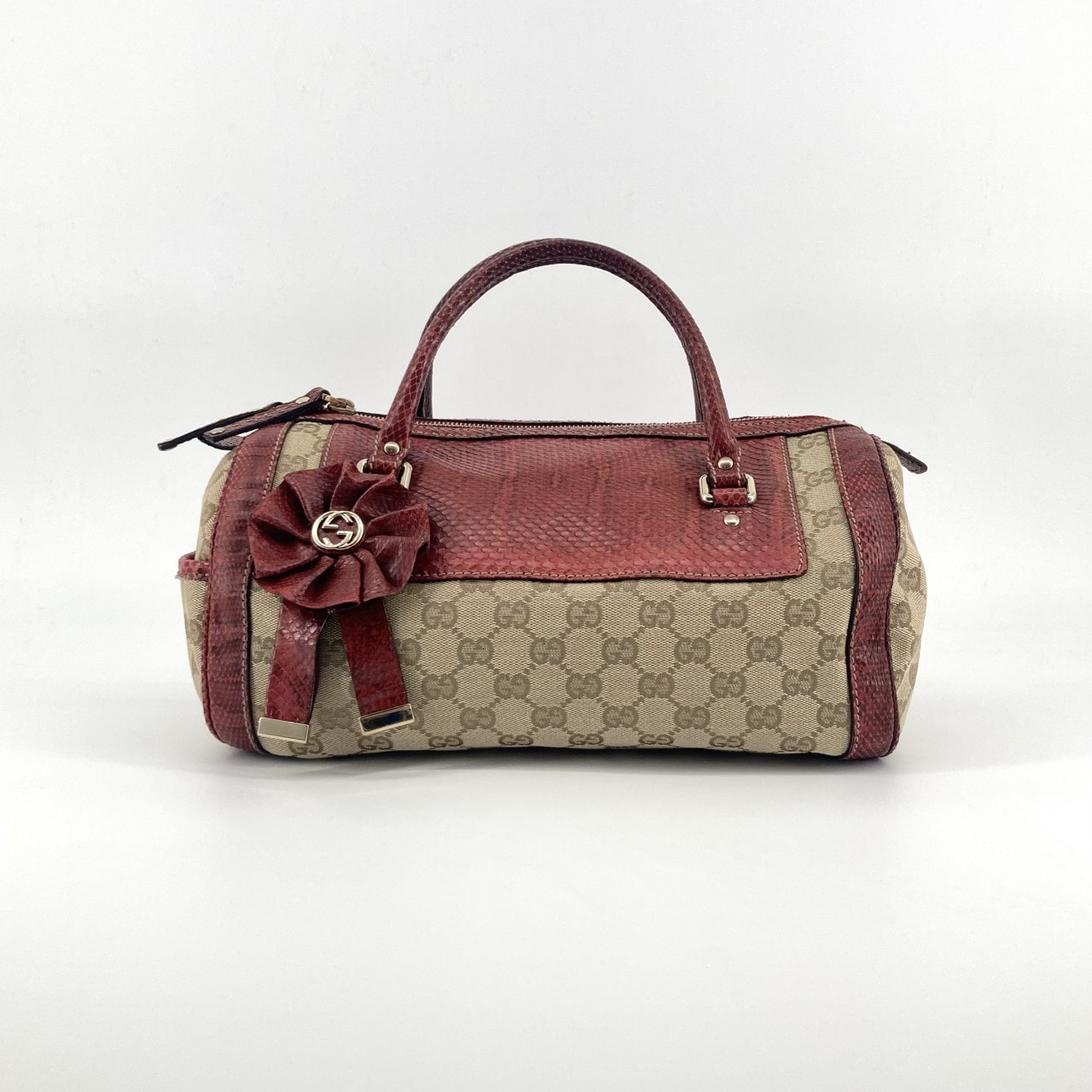 GUCCI(グッチ) GGキャンバス×レザー フラワーチャーム 189825 ミニボストンバッグ ベージュ×レッド
