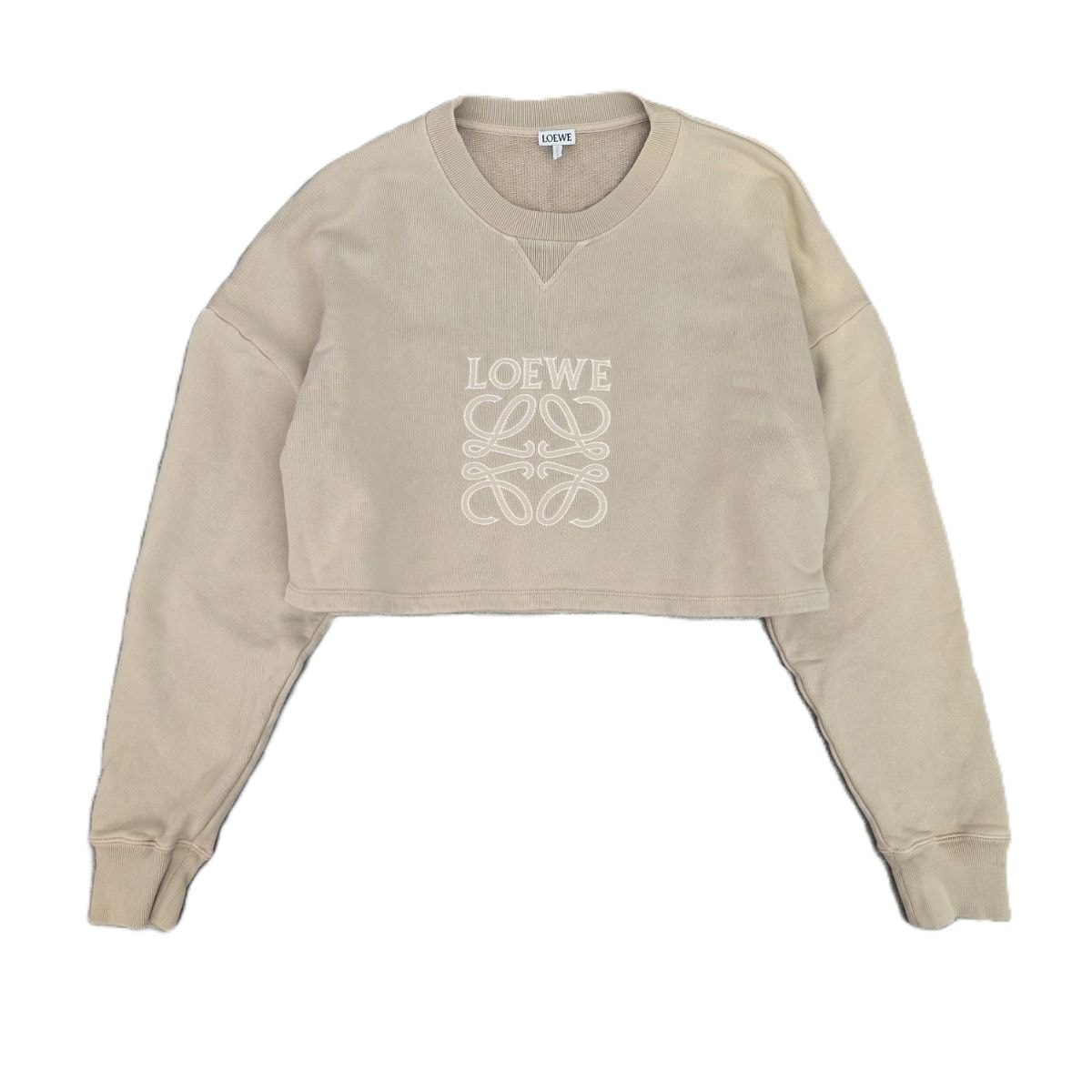 【値下げ】LOEWE ロエベ 25SS アナグラム ロゴ刺繍 クロップド丈  スウェットシャツ トレーナー XS ベージュ オーバサイズ スウェット  S359Y24X47  XS コットン  レディース【中古】