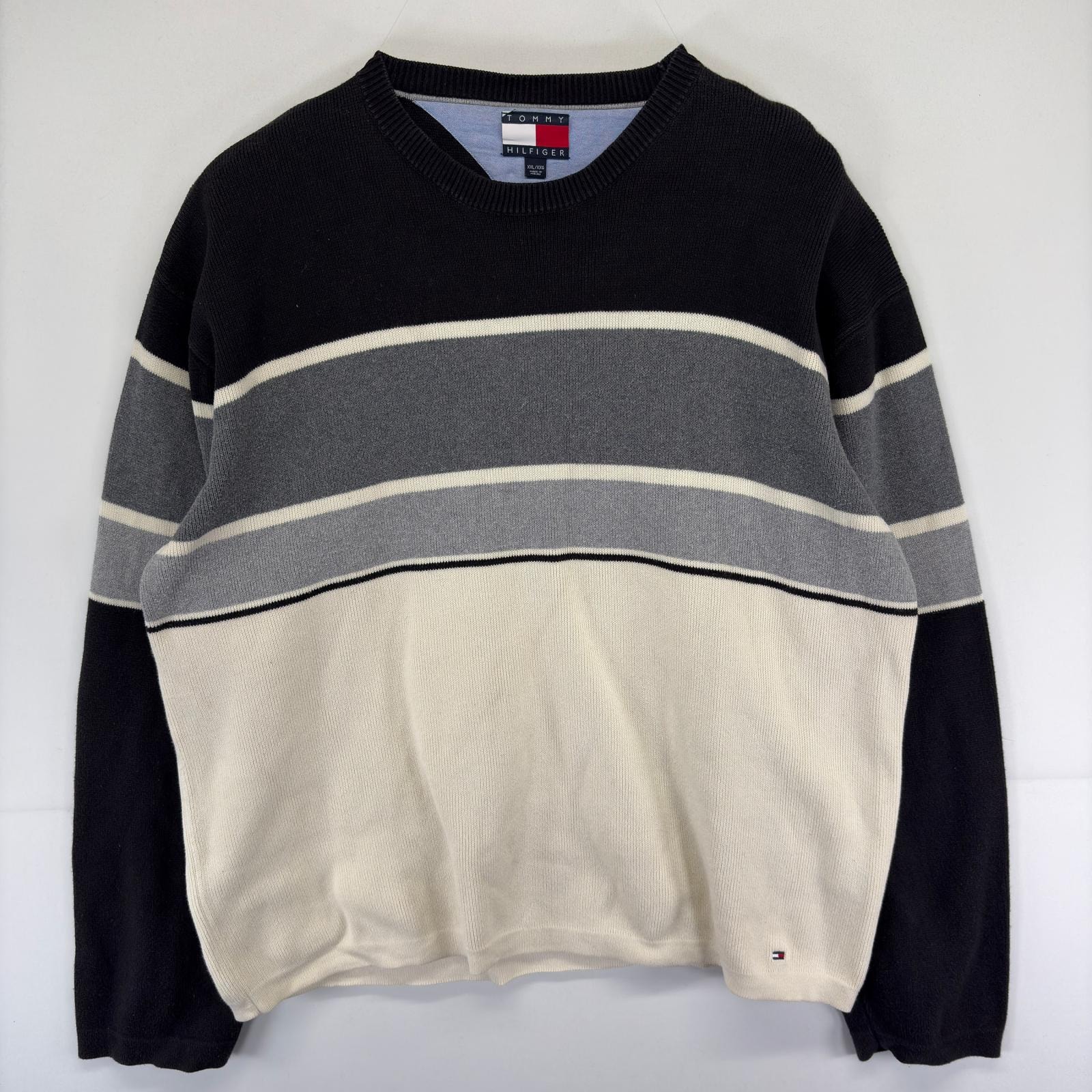 古着 トミーヒルフィガー TOMMY HILFIGER ニット ワンポイント ロゴ 大きいサイズ 刺繍 クルーネック 2XL  グレー系 ボーダー メンズ