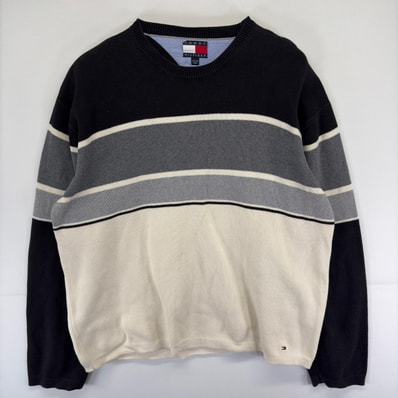 古着 トミーヒルフィガー TOMMY HILFIGER ニット ワンポイント ロゴ 大きいサイズ 刺繍 クルーネック 2XL グレー系 ボーダー メンズ