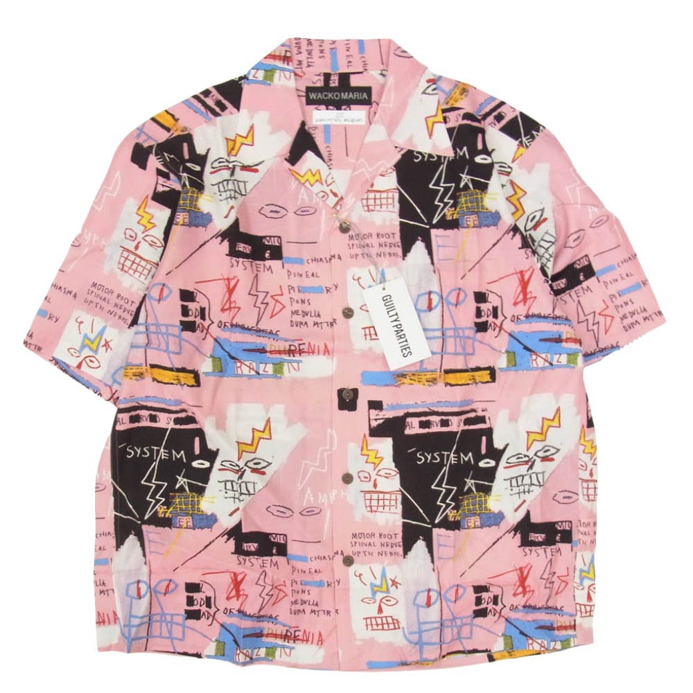 WACKO MARIA ワコマリア 26SS BASQUIAT-WM-HI27 JEAN MICHEL BASQUIAT TYPE-3 ジャン ミシェル バスキア ハワイアン アロハ 開襟 オープンカラー 半袖 シャツ ピンク系 M【新古品】【未使用】【中古】