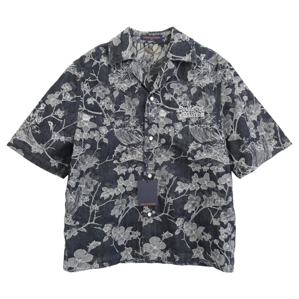 LOUIS VUITTON ルイ・ヴィトン 半袖シャツ 24AW RM242MM LJG HRS25W ロゴ刺繍 フラワー総柄 ジャガード デニム 半袖 シャツ インディゴブルー系 XL【美品】【中古】
