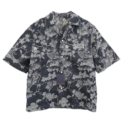 LOUIS VUITTON ルイ・ヴィトン 半袖シャツ 24AW RM242MM LJG HRS25W ロゴ刺繍 フラワー総柄 ジャガード デニム 半袖 シャツ インディゴブルー系 XL【美品】【中古】