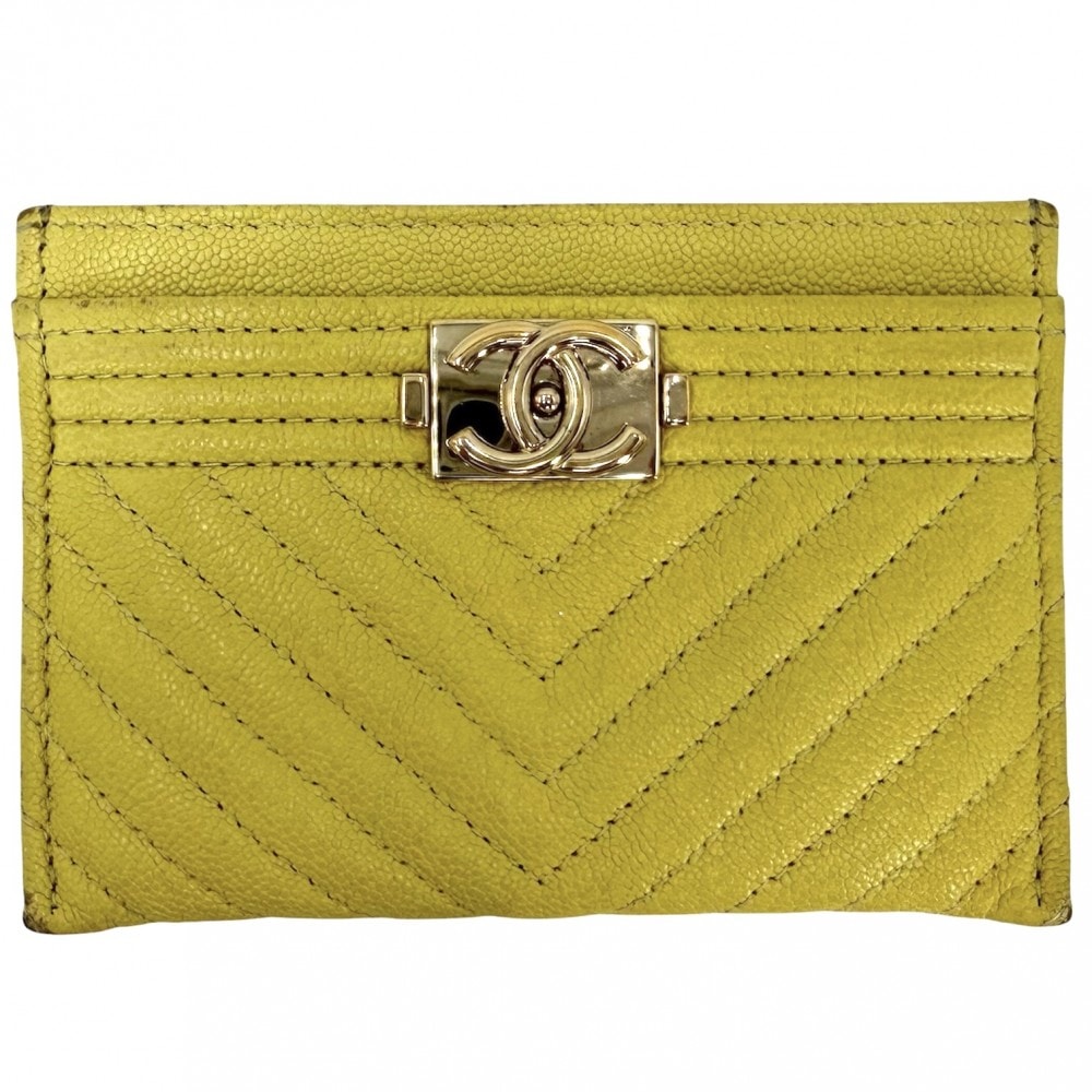 CHANEL シャネル カードケース Vステッチ ボーイシャネル ココマーク キャビアスキン イエロー ゴールド金具 レディース【中古品】