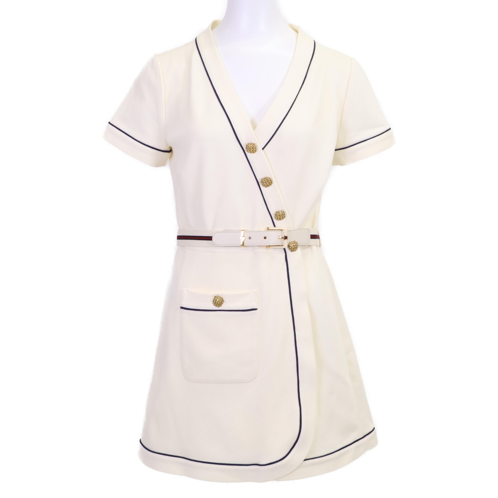 グッチ 653408/670292 ホワイト ブルートリム ジャージードレス 金ボタンラップワンピース S