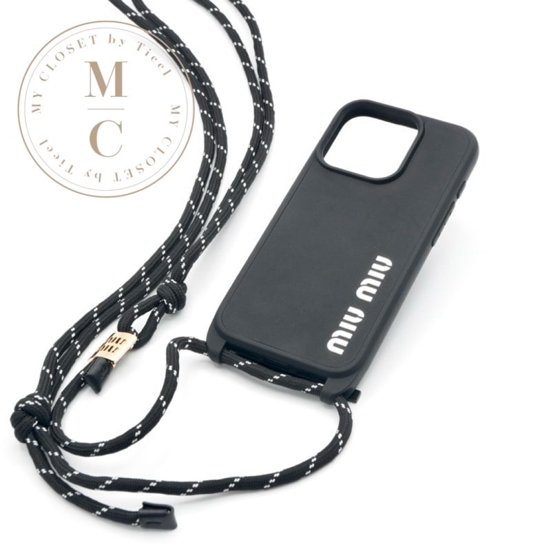ミュウミュウ MIUMIU 携帯・スマホアクセサリー ブラック ホワイト ゴールド ロゴ スマホケース iPhone14pro iPhoneケース ショルダー